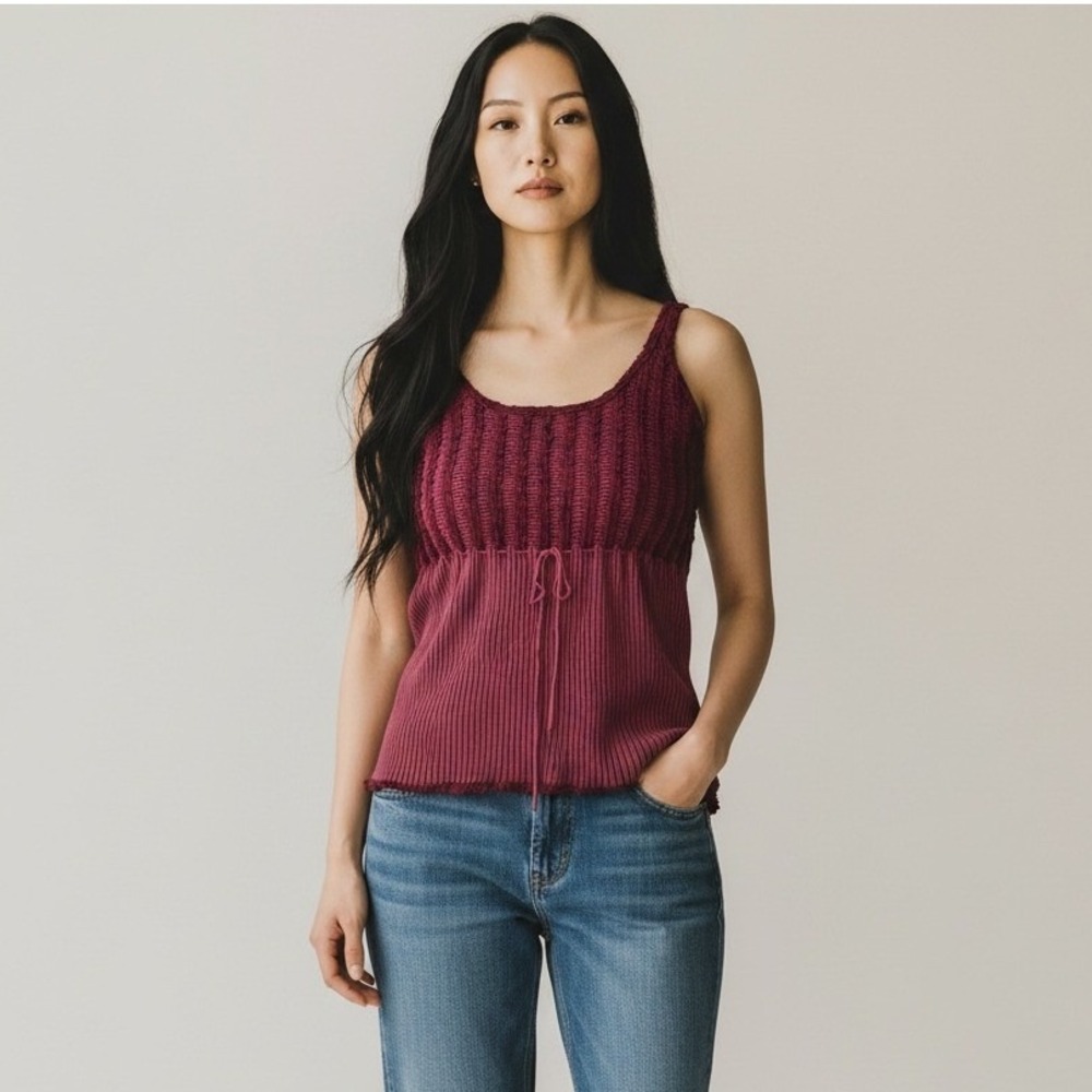 Bandolino Y2K Silk Blend Pleated Cami Top Plum Burgundy Lettuce Trim Large